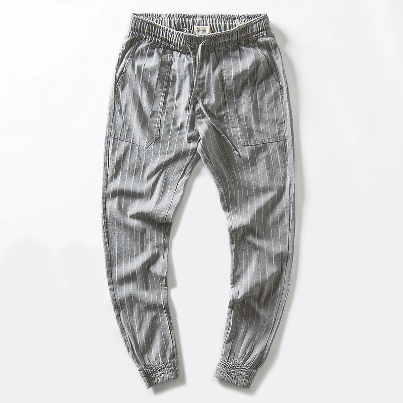 

2018 Spring and autumn new men's casual pants loose linen mens trousers striped pencil pants male elastic waist pantalones broek