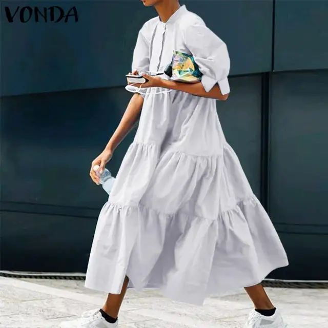 Women's Summer Dress Bohemian Sundress 2021 VONDA Vintage Lantern Sleeve Swing Party Long Dress Casual Robe  Vestidos 2