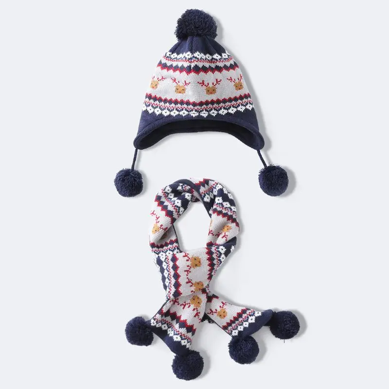 Детская зимняя шапка-ушанка с помпоном в виде оленя на Рождество, длинный шарф, перчатки, теплая зимняя вязаная шапка