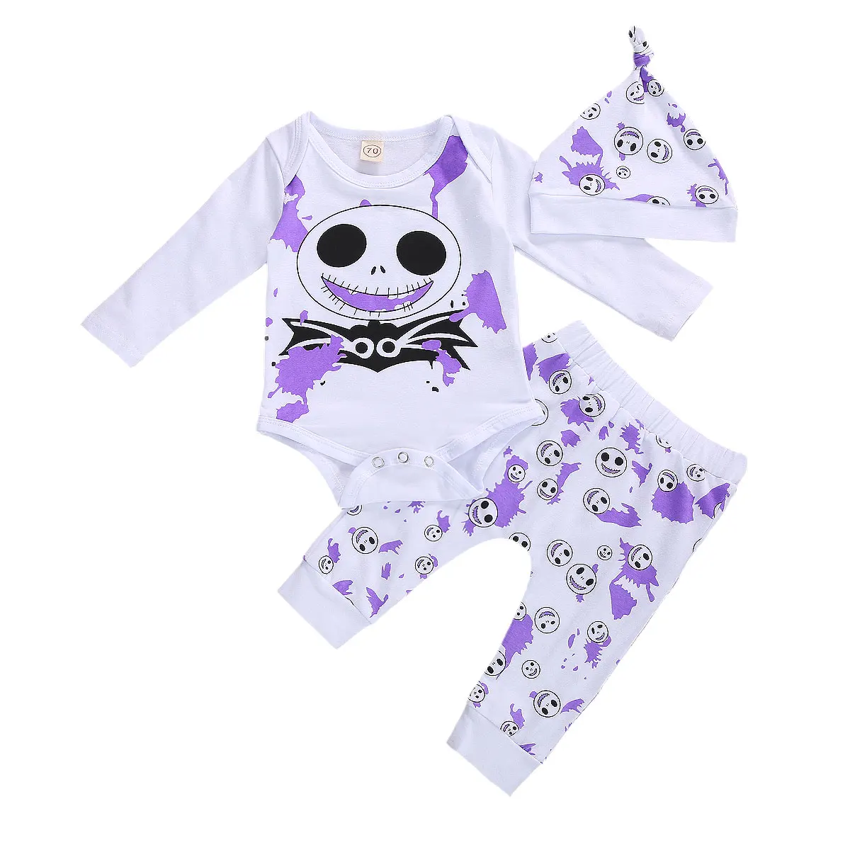 

Halloween Three Piece Infant Newborn Unisex Babyâ€™s Clothes Unique Skull Pattern Long Sleeve Jumpsuit Elastic Long Pants with Hat