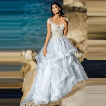 

Sheer Scoop Short Sleeves Lace Appliques Wedding Dresses With Buttons Back Tulle Beach Bridal Gowns Custom Robe De Mariage