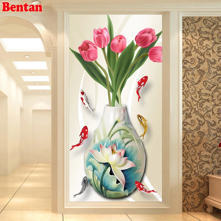 DIY Diamond Painting Vase lotus tulip koi fish Full Drill square/Round 3D Embroidery Rhinestone Pictures Handcraft Home Decor | Дом и сад