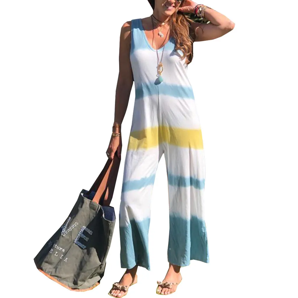 Женские комбинезоны без рукавов с v-образным вырезом яркое богемное повседневное длинный комбинезон вечерние комбинезон femme Прямая поставка# XB20