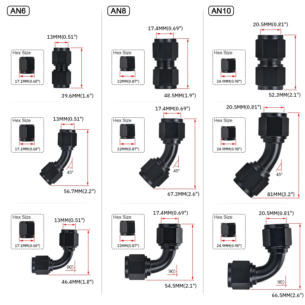Universal 0 45 90 Degree AN6 AN8 AN10 Female to AN6 AN8 AN10 Female Hydraulic hose Elbow Oil Cooler Fitting Hose Fittings