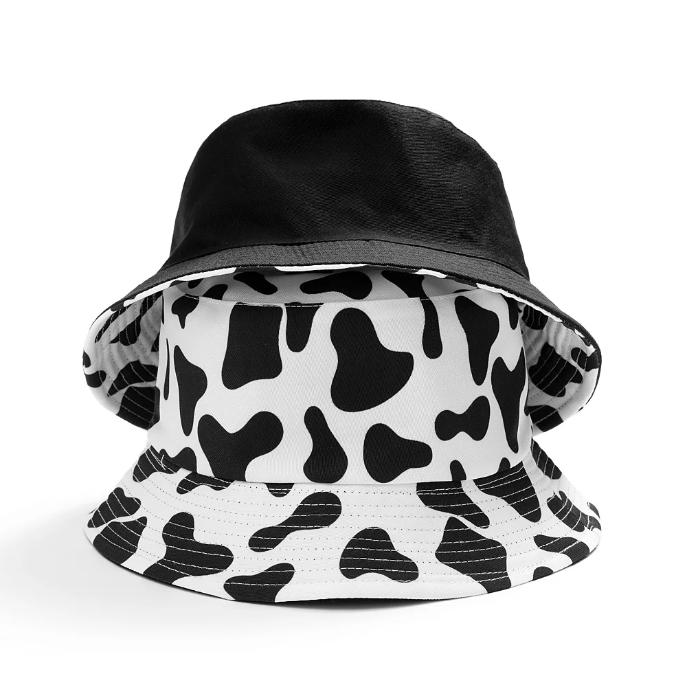 INS Star cute Black White Cow Bucket Hats Women Summer fishing hat Lady Two Side Fisherman hats girl Travel Panama cow print hat