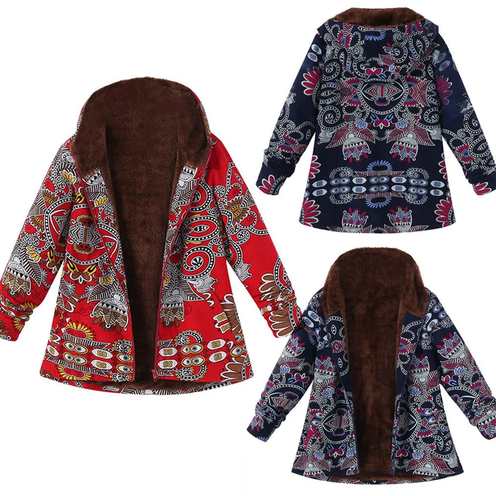

Women Printed Retro Large Size Coat Female Jacket 2019 Autumn And Winter New Hooded Plush 5XL Loose Jacket Women's Coat Top