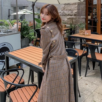 

European Slim Women's Suede Trench Coat Plaid Double-Breasted Belted with Flaps Lady Windproof Windbreaker Spring Autumn Coat