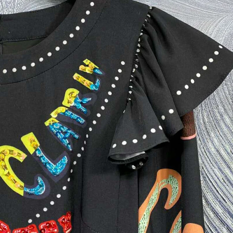 SEQINYY Casual Black Dress Cartoon Letter Print