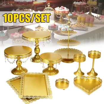 

10Pcs Gold Metal Cupcake Cake Holder Dessert Stand Set Wedding Event Party Display Tower Plate with Jewelry Pendant Floral Borde