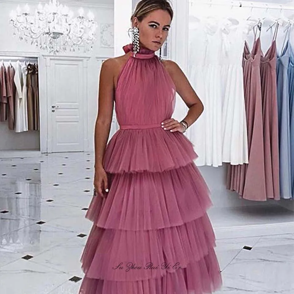 

Charming Tiered Halter Prom Dresses Long Dress For Women Tulle Ankle Length A-line Formal Gown For Party Vestidos De Gala