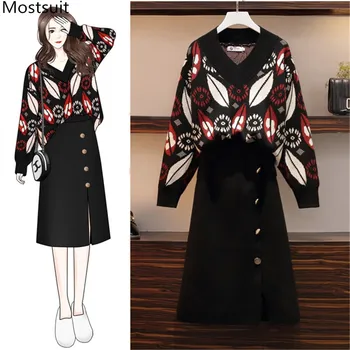 

2020 Spring Autumn Elegant 2 Piece Set Women Plus Size Elegant Fashion Long Sleeve Sweater Pullover Tops+skirt Set Suit Outfits