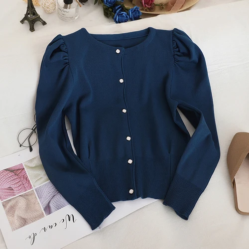blue cardigan Woherb Новое поступление Элегантный женский свитер Одноцветный однобортный короткий кардиган корейская мода Трикотаж Топы 91149 - Цвет: blue cardigan
