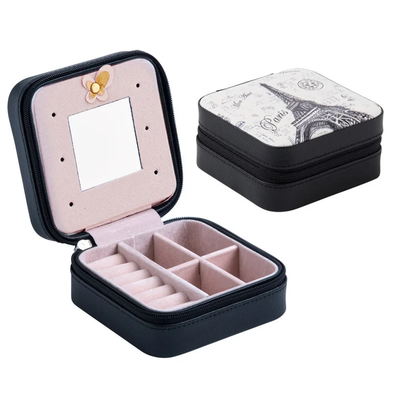

Portable Jewelry Box Ear Nail Earrings Receive Box with Mirror Cortex Double Layer Small Jewelry Bag Women's Travel Cosmetic Bag
