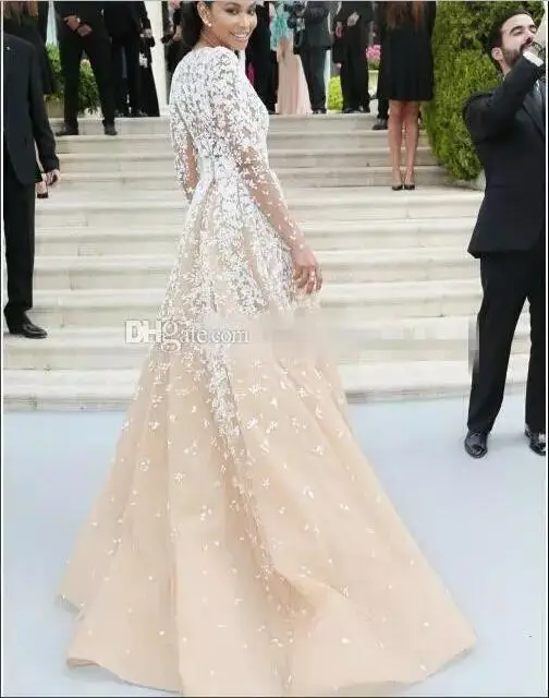 Beyonce Шампанское Тюль Пышные платья знаменитостей с длинным рукавом иллюзия V шеи Кружева Аппликация зима вечернее платье