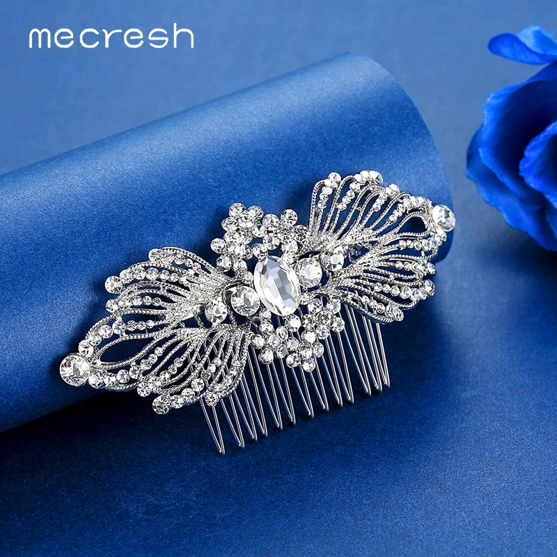 Mecresh, головной убор в форме крыла, свадебные аксессуары для волос, кристалл, лист, серебряный цвет, гребни для волос, шпильки, ювелирное изделие для женщин, FS250