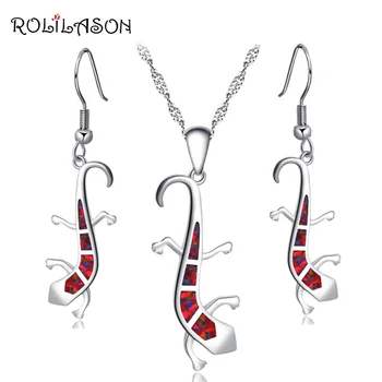 

ROLILASON Large earrings pendant necklace Silver stamped 925 Orange Gecko fire opal set for women dinner OS037