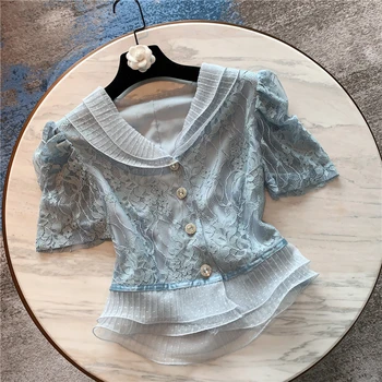 

Lace Blouse Women 2020 Summer New Temperament Blouses Mesh Lace Shirt Short Crop Top Button Shirts Slim Blusas