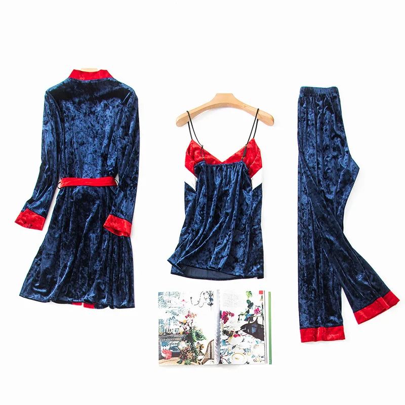 

2019 Women Pajamas Set With Pants 3 Pieces Velvet Warm Sexy Patchwork Pijama Winter Sleepwear Pyjama Sleeveless Nightwear