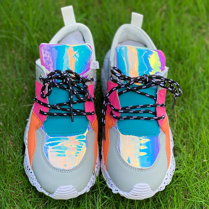 Women's Rainbow Shoes Mixed Color Casual Sneakers Multicolor Increase Sports Shoes Comfortable Breathable Holographic Outdoor Shoes (11)