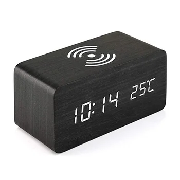 

For samsung xiaomi huawei Fashion Wooden Alarm Clock With Wood LED Digital Clock Qi Wireless Charging Charger Pad Sound Control