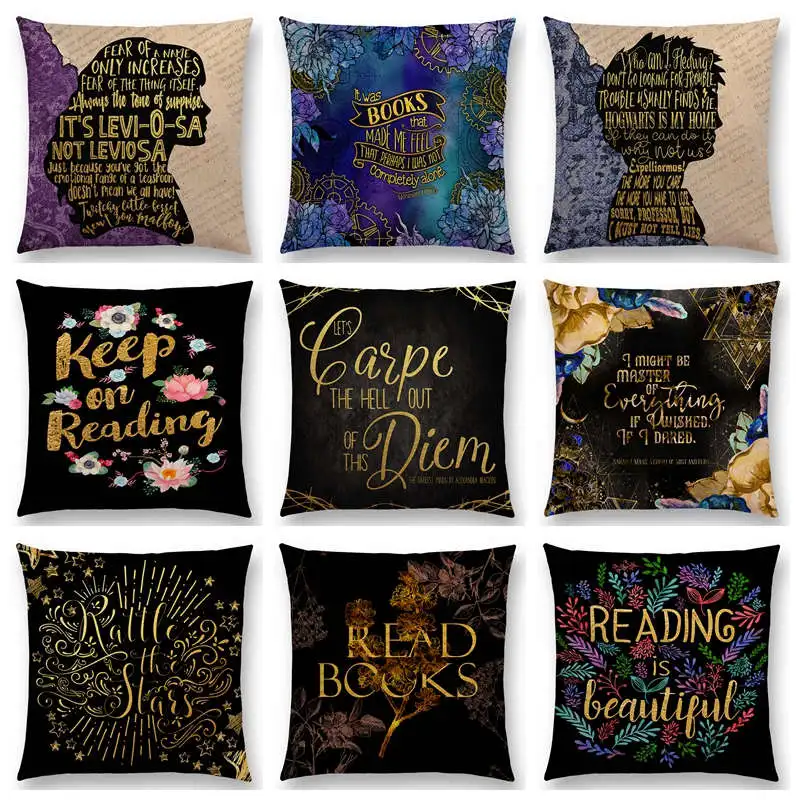 Black Golden Flowers Read Books Beautiful Language Gorgeous Words Decorative Letters Story Cushion Cover Pillow Case | Дом и сад