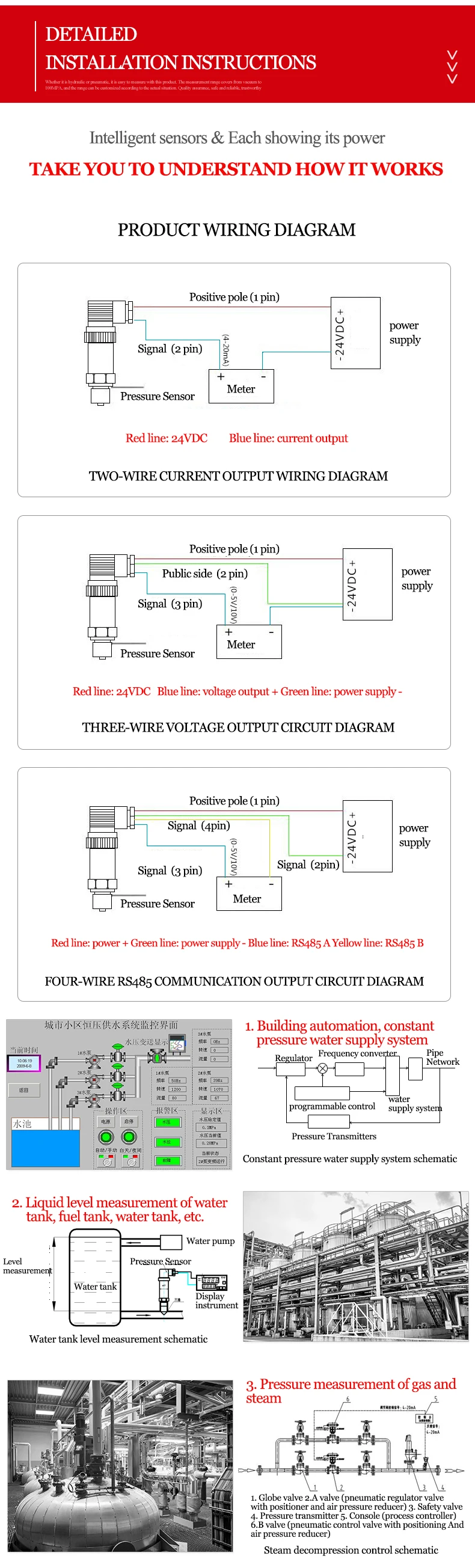 Sensor de pressão com 12vdc transdutor fio