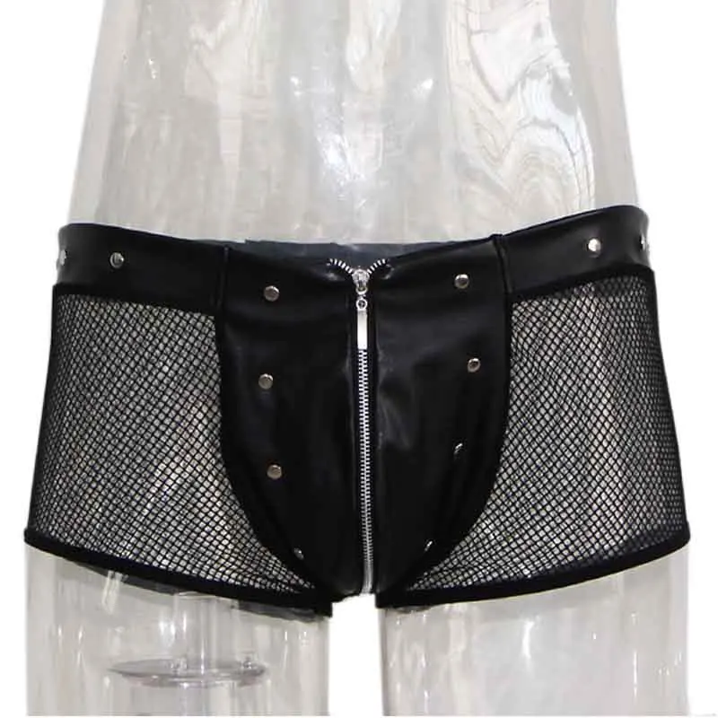 Men's Underpants Black Faux Leather Boxer Shorts Men Punk Transparent Fishnet Lingerie Hot Zip Open Front Underwear Gay Panties (2)