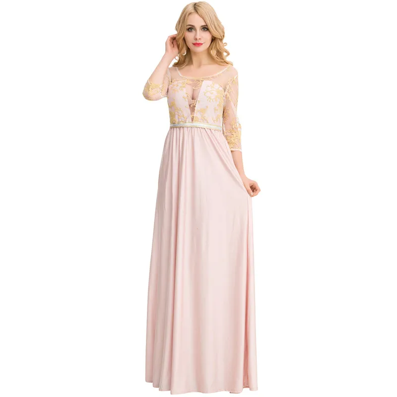 Vestidos De Fiesta, длинные платья с вышивкой для свадебной вечеринки, женская одежда с открытой спиной, Осеннее абрикосовое платье с рукавом три четверти, V1025 - Цвет: Apricot dress