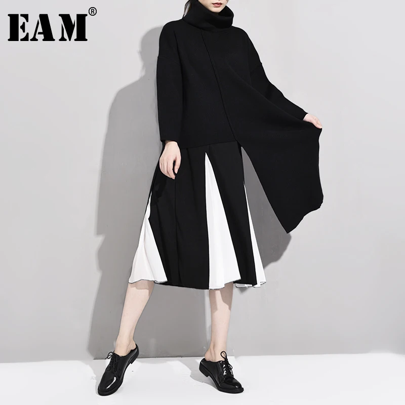 ^*Best Offers [EAM] Black Big Size Side Vent Knitting Sweater Loose Fit High Collar Long Sleeve Women New Fashion Autumn Winter 2020 JL7340
