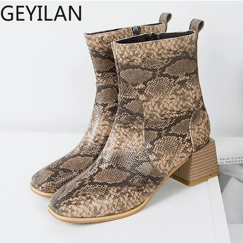 

Martin boot Women PU Snakeskin Pattern Ankle Boots shoes Sexy Cuff Thick Heel Women Boots Fall Fashion Women Shoes mujer C459