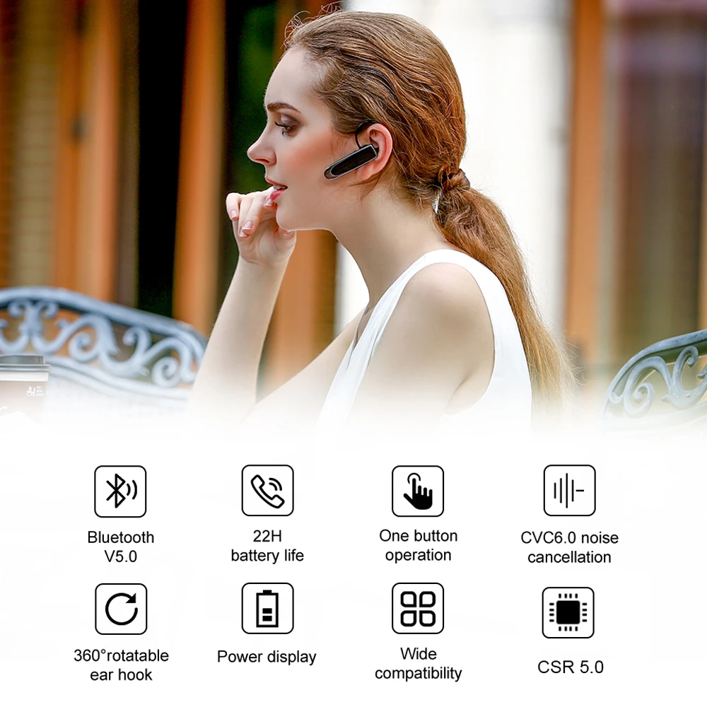 New Bluetooth Earphones Handsfree Headset 22H Music Playing Driving Headsets with HD CVC 6 0 Mic for iPhone Xiaomi Android
