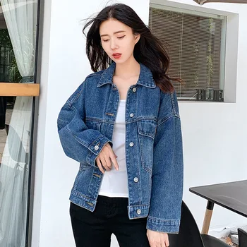

Blue Denim Jacket Oversize Women Basic Coats Female Jeans Coat Washed Slim Denim Jacket Streetwear BF Style Denim Coats