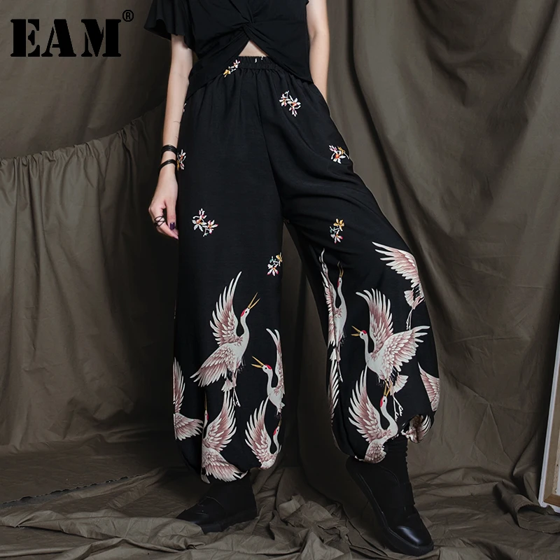 

[EAM] High Elastic Waist Black Pattern Printed Long Wide Leg Trousers New Loose Fit Pants Women Fashion Spring Autumn 2020 LA770