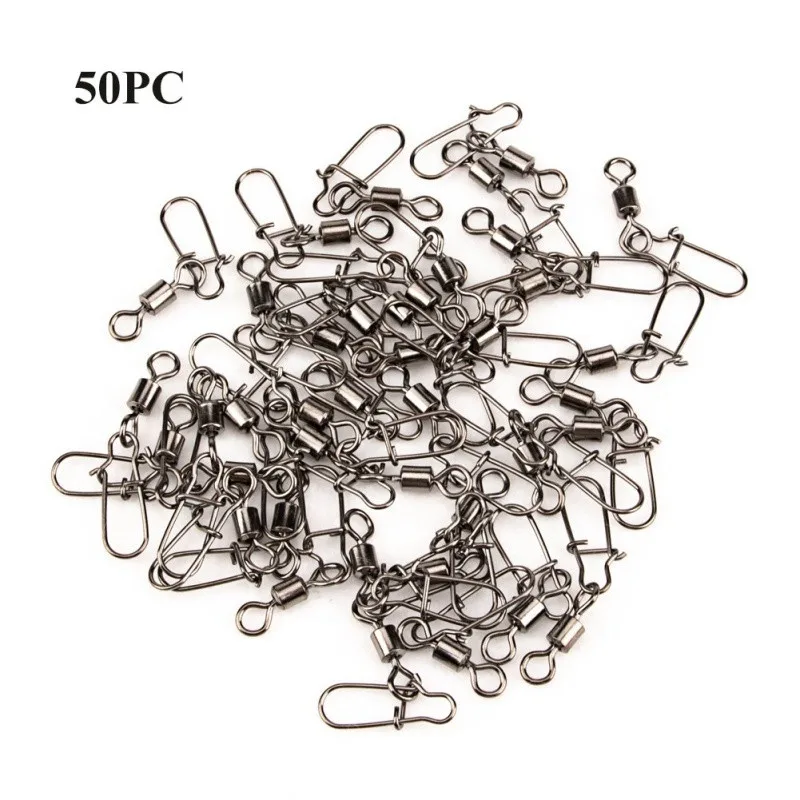 

50Pcs Steel Alloy Fishing Bearings Hooked Snap Pins Rolling Swivel Connector Fishhook Lure Sea Fishing Tackle Accessories
