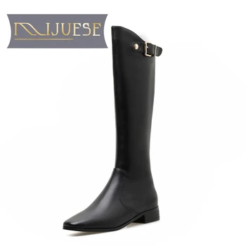 

MLJUESE 2021 women knee-high cow leather winter zippers short plush square toe high heels boots female women boots