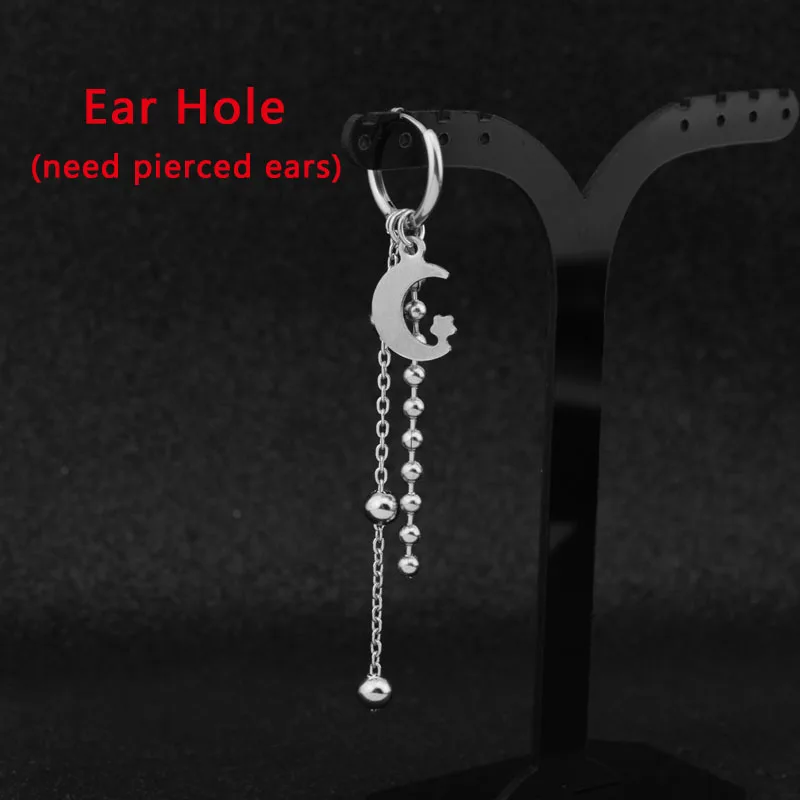 Hc48a167fbbc14ebd968392b0d82ffea7r 1 PC Boy Korean Punk Stainless Steel Cross Hoop Earring For Men Long Chain Tassel Leaf Moon Rock Hip Hop Piercing Stud Jewelry Mallzona