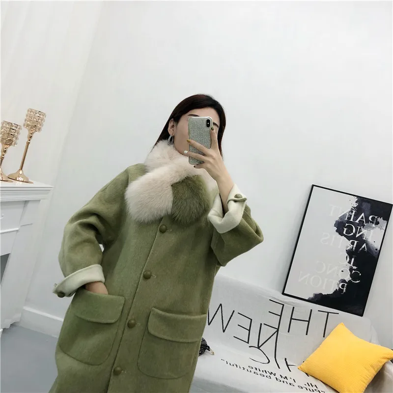 Новая одежда для женщин, зимняя с обеих сторон реального шерстяное пальто с натуральным лисьим мехом воротником осеннее кашемировое пальто