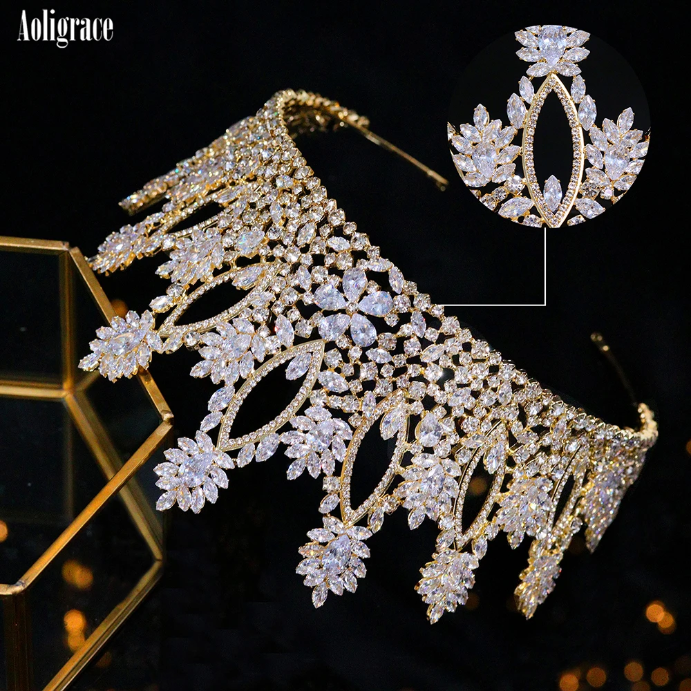 European Full Cubic Zirconia CZ Zircon Wedding Princess Crowns Tiaras Women Pageant Quinceanera Diadem Hair Jewelry Accessories