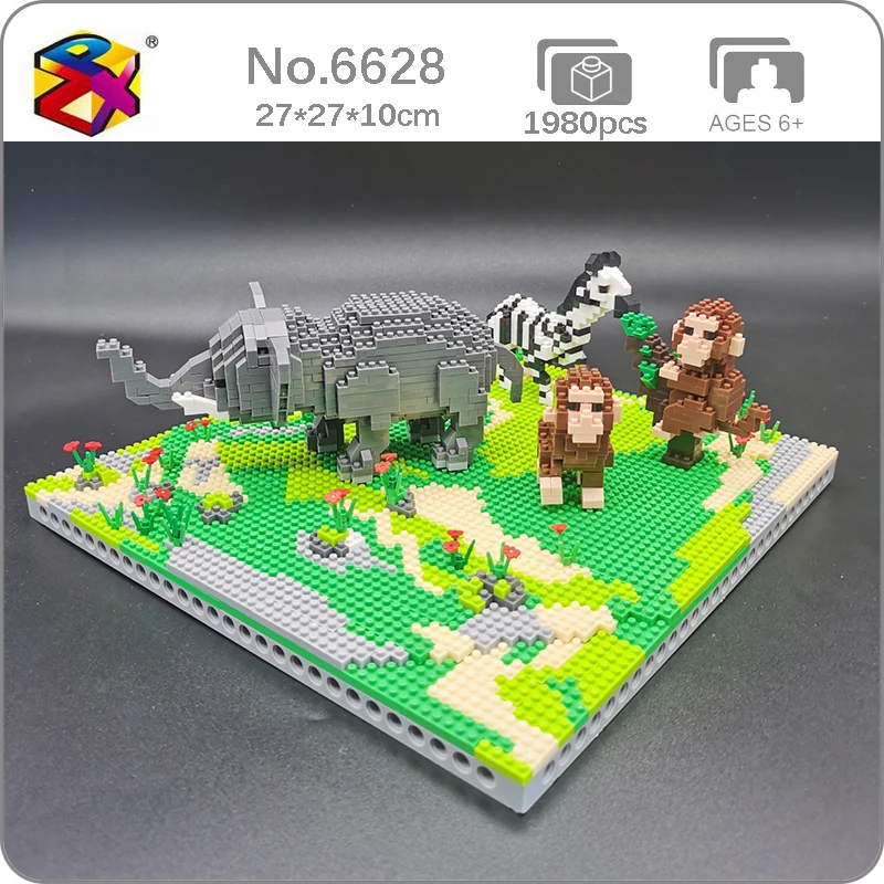 

PZX 6628 Animal World Elephant Zebra Monkey Horse Flower Model DIY Mini Diamond Blocks Bricks Building Toy for Children no Box