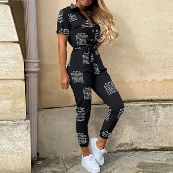 

Letter Print Jumpsuit Women Summer 2020 Deep V Neck Button Shirt Overalls Short Sleeve Office Lady One Piece Romper Belt