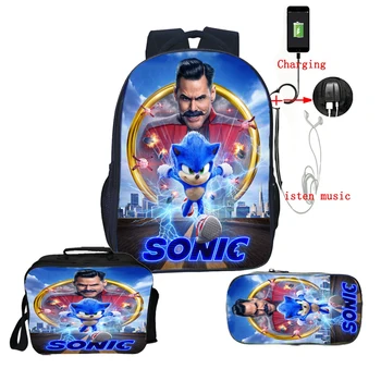 

Sonic Backpack with Pen Bag 3pcs Set Boy Girl Cartoon Anime School Bag Teenager Bookbag Student Back to School Gift