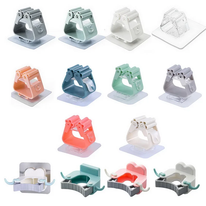 2Pcs Wall Mounted Broom Holder Multi-Purpose Adhesive Hook Mop Organizer Holders Rack Brush Hanger Bathroom Kitchen Accessories