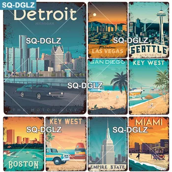 

[SQ-DGLZ] Landscape Metal Sign Vintage Metal Plaque Travel Plates Decor For Bar Home Wall Decor Las Vegas Tin Sign Boston Poster