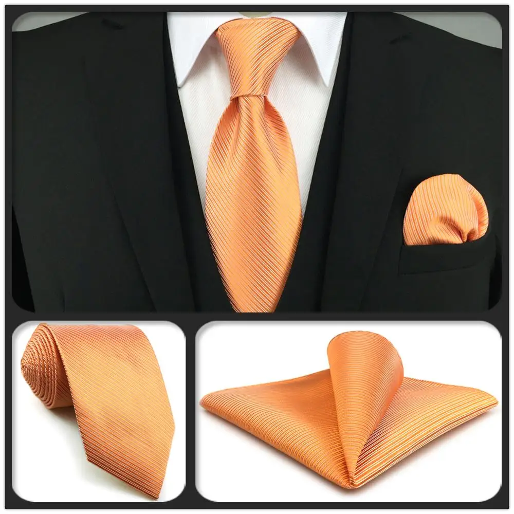 

F19 Orange Striped Men's Necktie Set Fashion Solid Hanky Party X-long Silk Ties for male Wedding