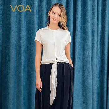 

Voa Pure White Silk Knitted Round Collar Short-sleeved Jacquard Splicing Soft Ultra-elastic Loose T-shirt B1113 Tshirt Befree