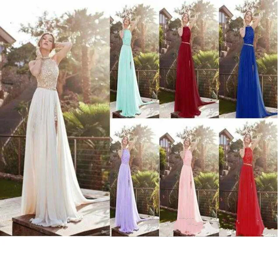 

2020 Halter Lace Top Sexy Backless Beach Prom Dresses Cheap Eight Colors In Stock Split Evening Gown Boho Dresses CPS231
