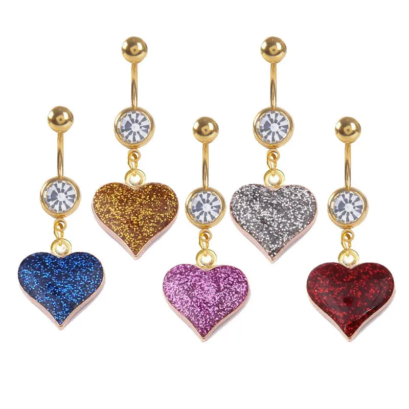 1pc Glitter Heart Shaped Belly Ring Dangle Navel Bar Body Piercing Jewelry for Woman Gift |