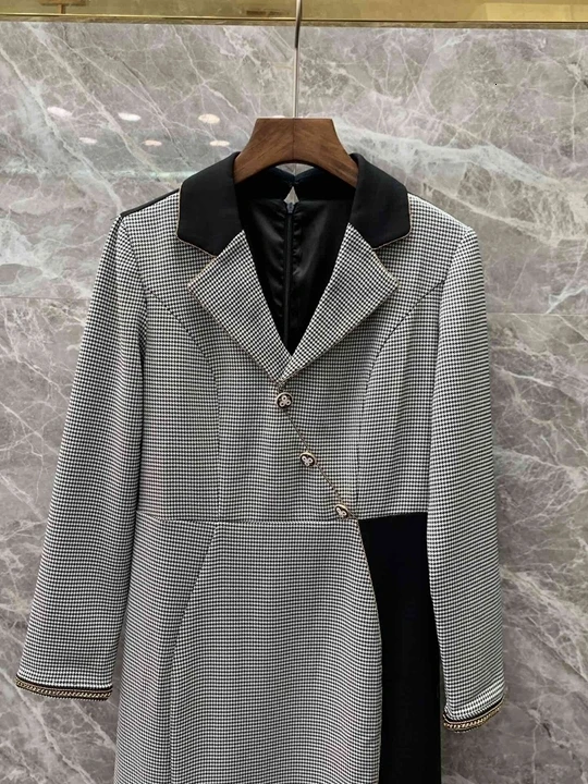 Autumn Early New Woman Colour Mosaic Flipped Collar Chicken Bird Checker Chain Edge Dress 923