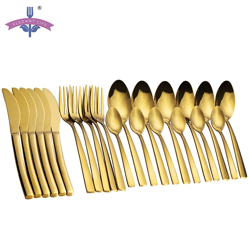 24PCS Gold Tableware Cutlery Dinner Set Cutlery Sets Dishes Knives Forks Spoons Western Kitchen Dinnerware 18/10 Stainless Steel