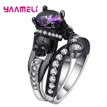 

Cool 925 Sterling Silver Jewellery Rock Black Gun Crystal Skull Design Rings Fashion Anel Masculino Mens Famle Jewelry Ring Set